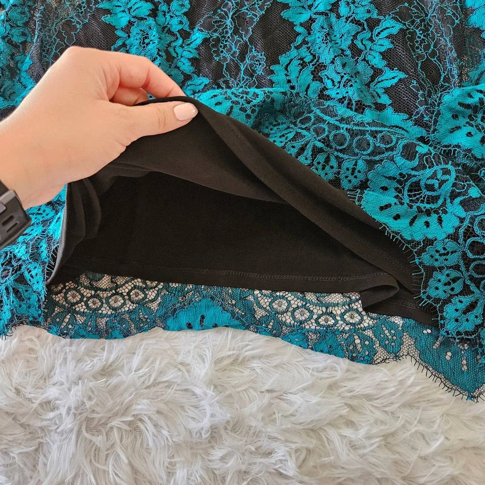 NWT The Limited Sz L Turquois & Black Lace Fairy Whimsigoth Sheer V-neck Blouse‎